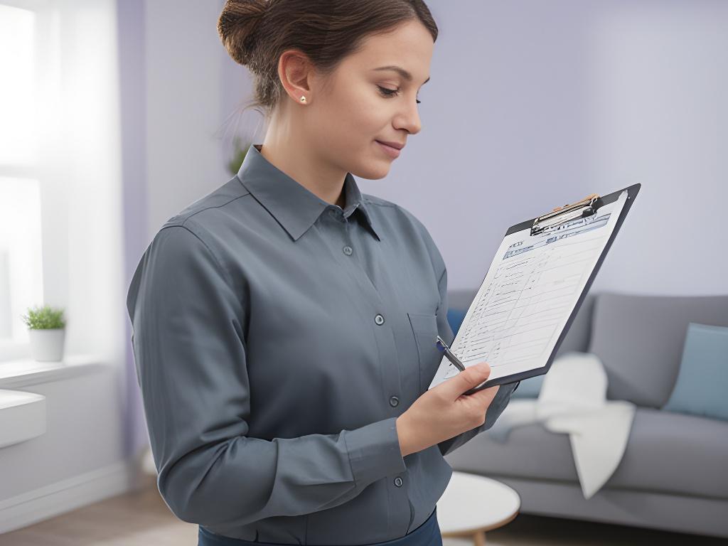 Cleaning professional reviewing a service checklist beside a tidy living room in Providence