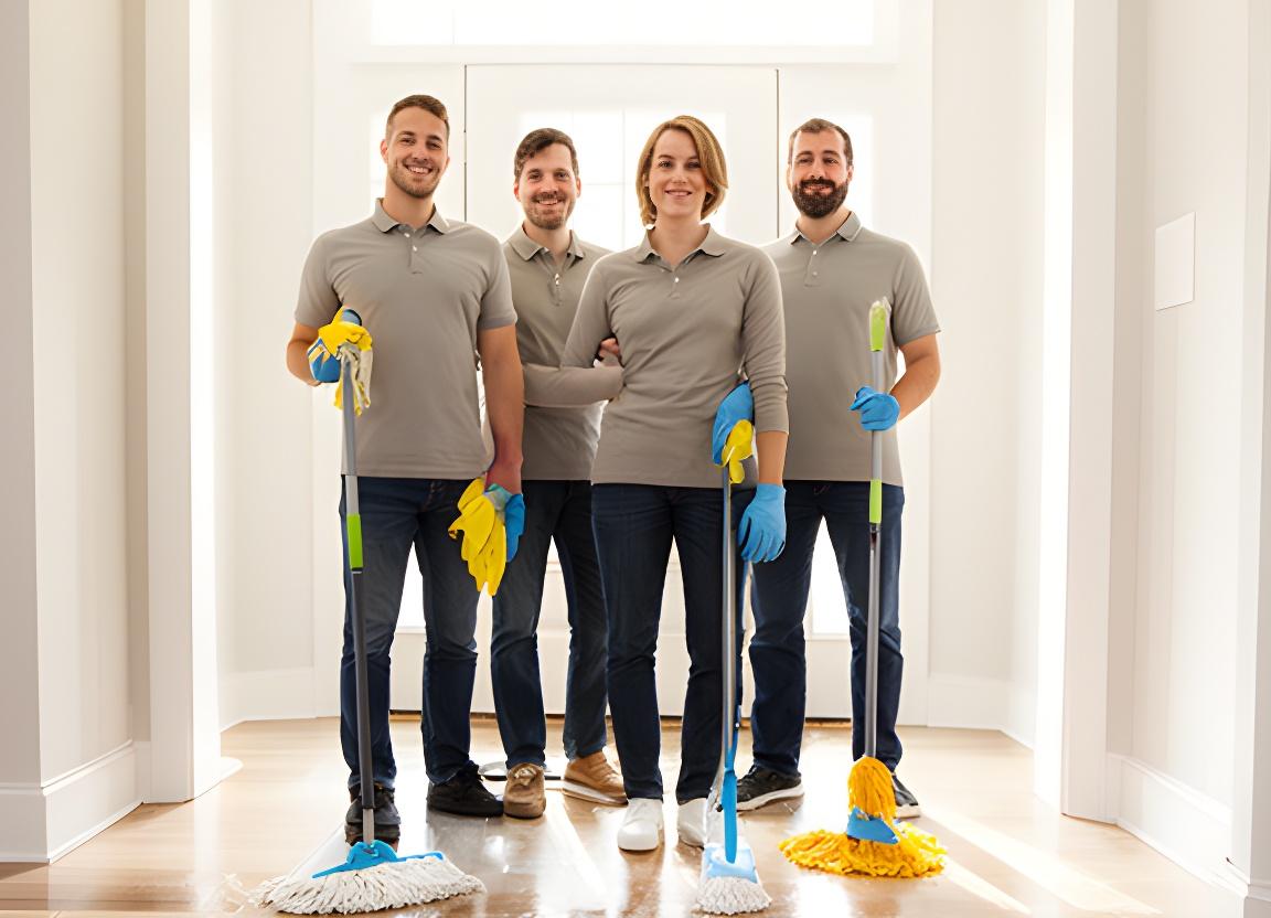 Silver Star Bright cleaning team standing in a bright Providence home entryway with mops, cloths, and a finished polished floor