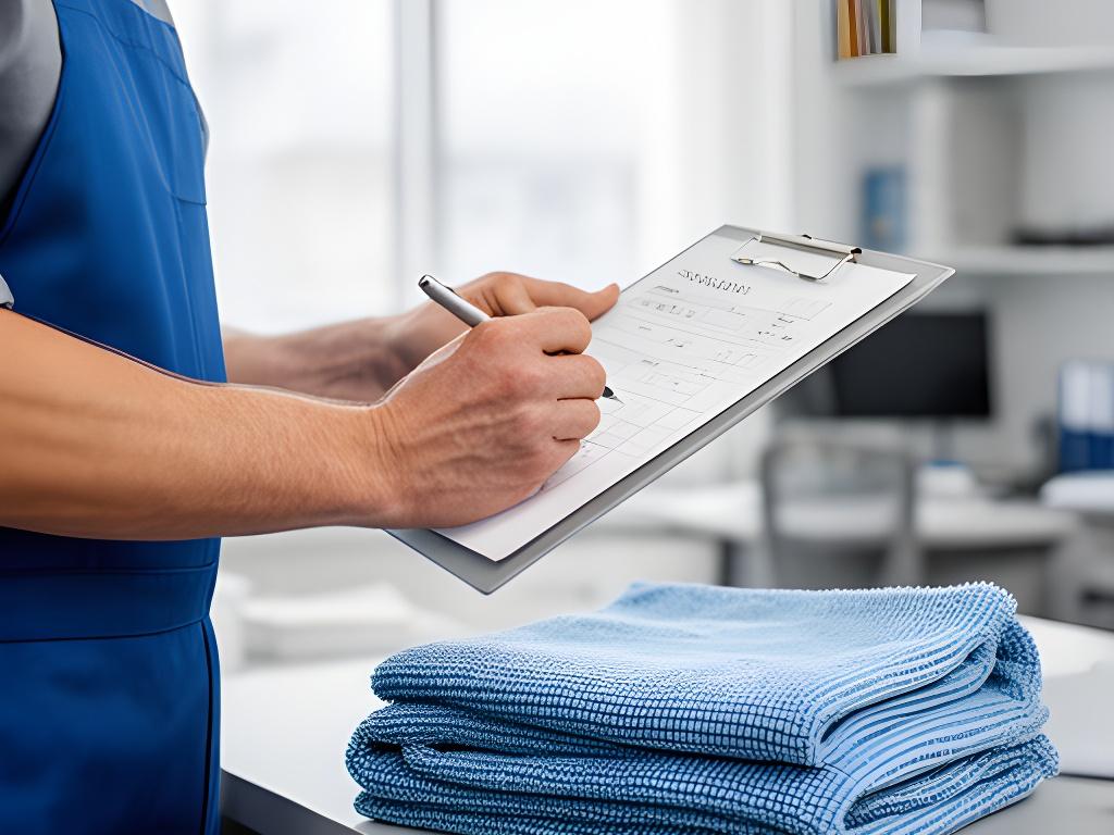 Cleaning supervisor reviewing a service checklist beside folded microfiber cloths in a bright Providence office