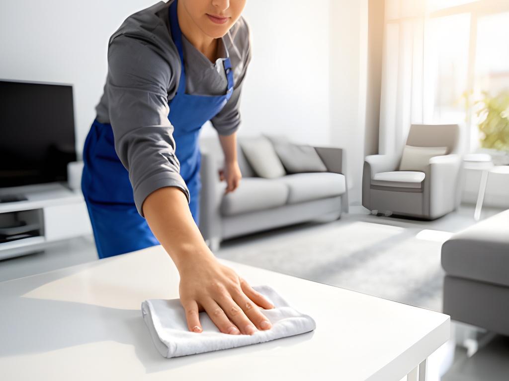 Cleaner wiping a bright Providence living room with neat furniture and sunlight across the floor